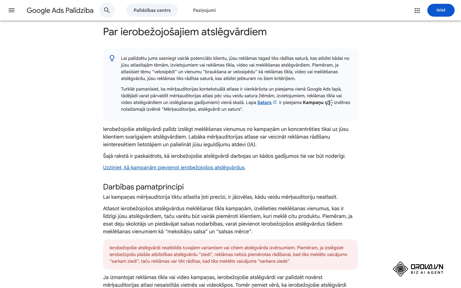 Google Ads palīdzība latviski: par ierobežojošajiem (negatīvajiem) atslēgvārdiem