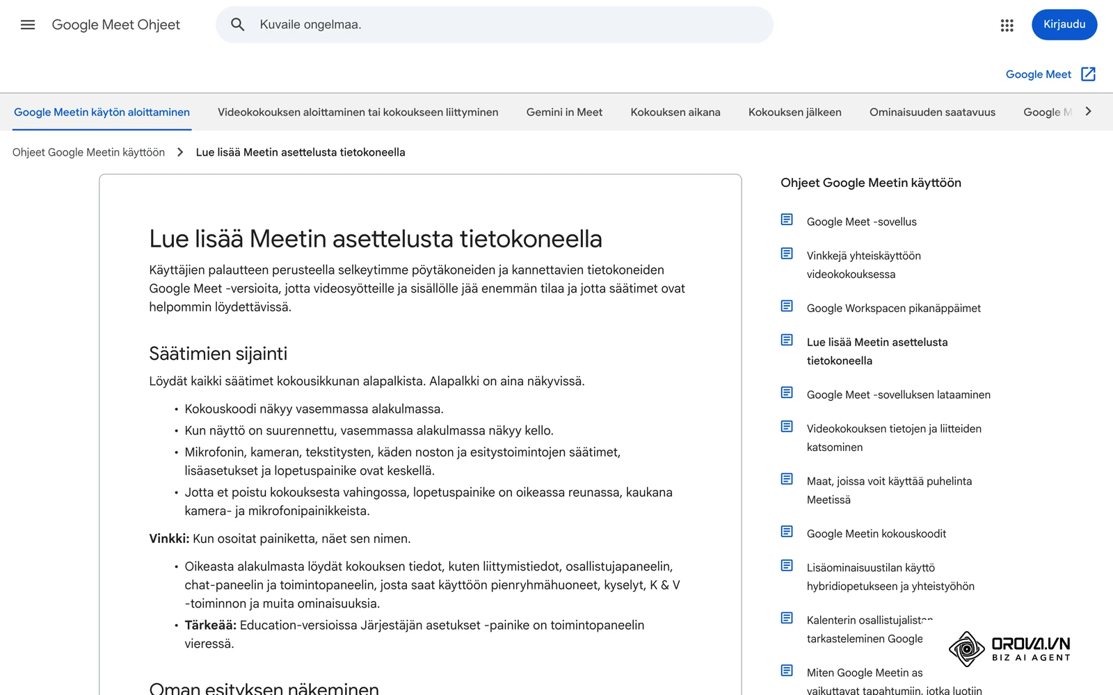 Google Meetin suomenkielinen ohjesivu kokousnäkymän asettelusta: puhujanäkymä, ruudukko ja esitetty näyttö.