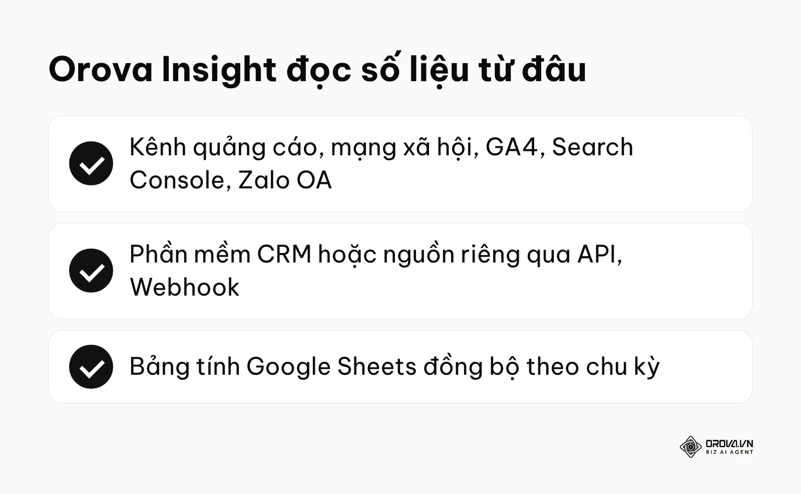 Tóm tắt các nhóm nguồn số liệu Orova Insight kết nối được