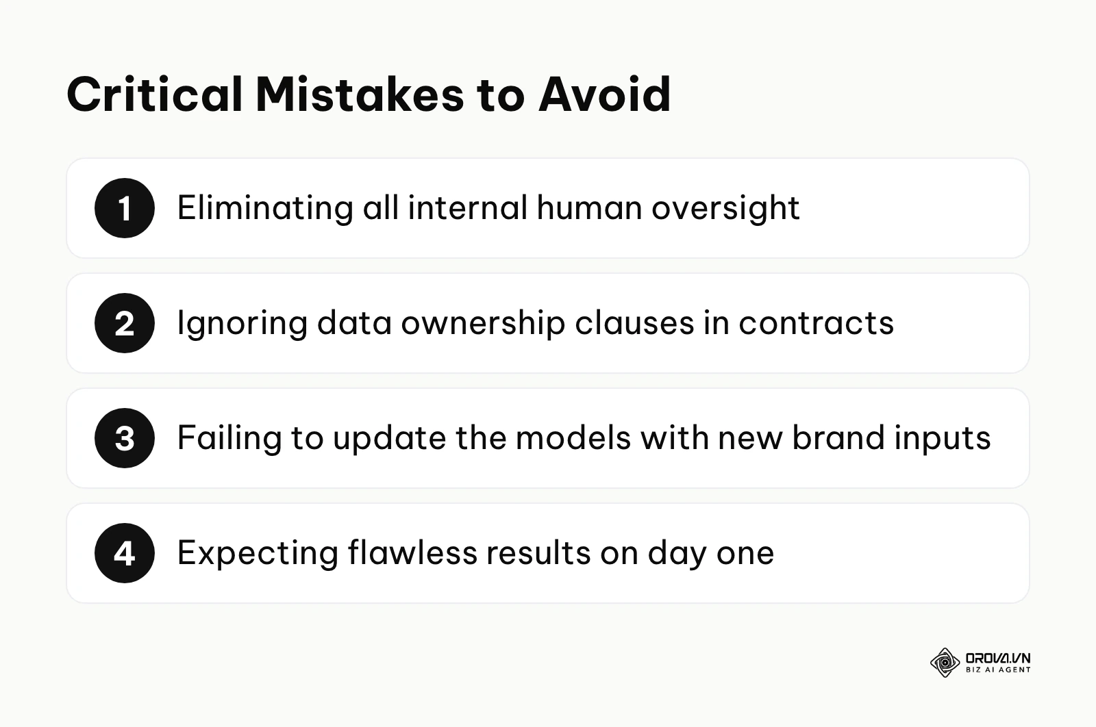 A numbered list summarizing the top mistakes companies make when hiring automated agencies.