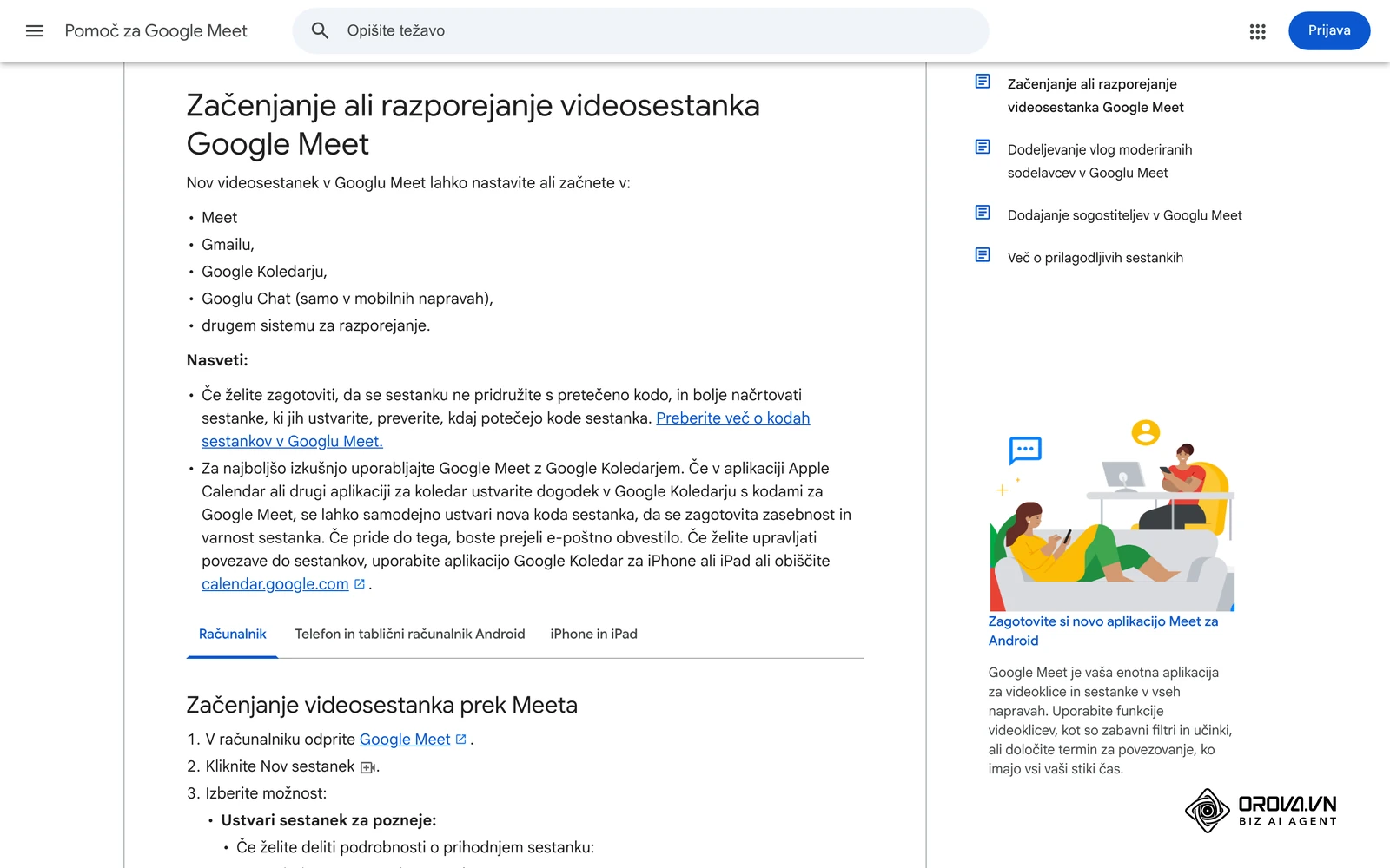 Uradna pomoč za Google Meet v slovenščini: začenjanje in razporejanje videosestanka.