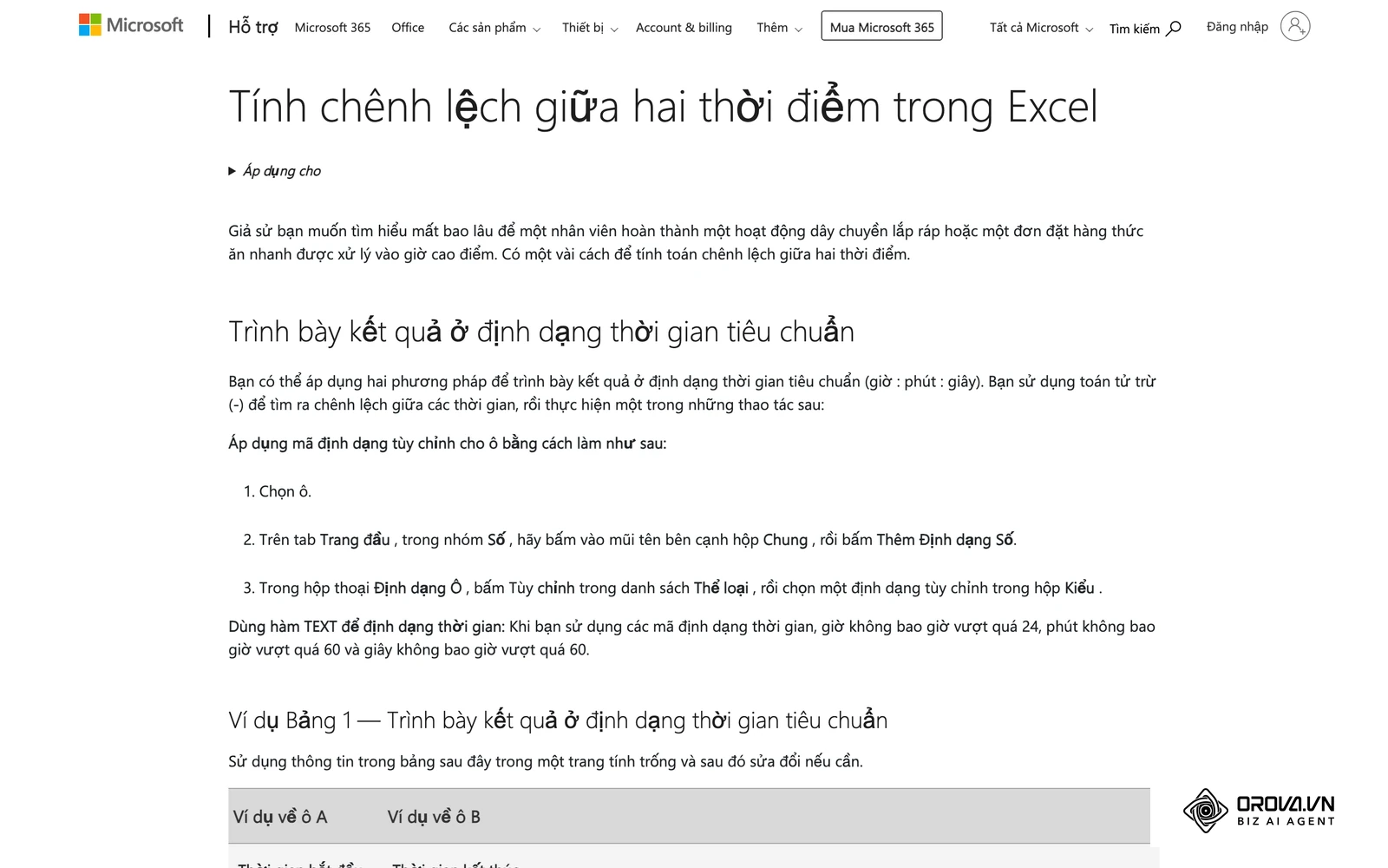 Trang hỗ trợ Microsoft về cách tính chênh lệch giữa hai thời điểm trong Excel, dùng để ra số giờ làm thêm từ giờ vào và giờ ra.
