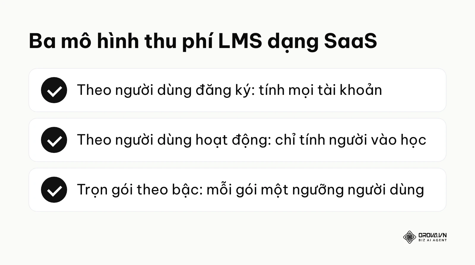 Ba mô hình thu phí phổ biến của phần mềm đào tạo dạng SaaS: theo người dùng đăng ký, theo người dùng hoạt động và trọn gói theo bậc