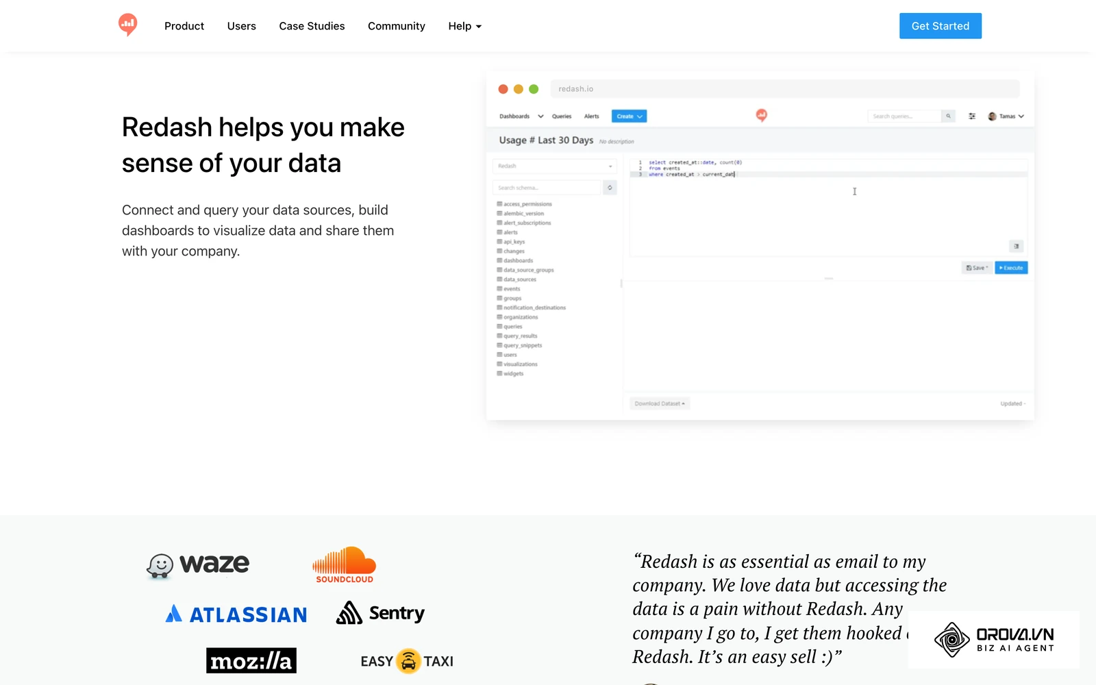 Trang chủ Redash, công cụ viết truy vấn SQL rồi biến kết quả thành biểu đồ.