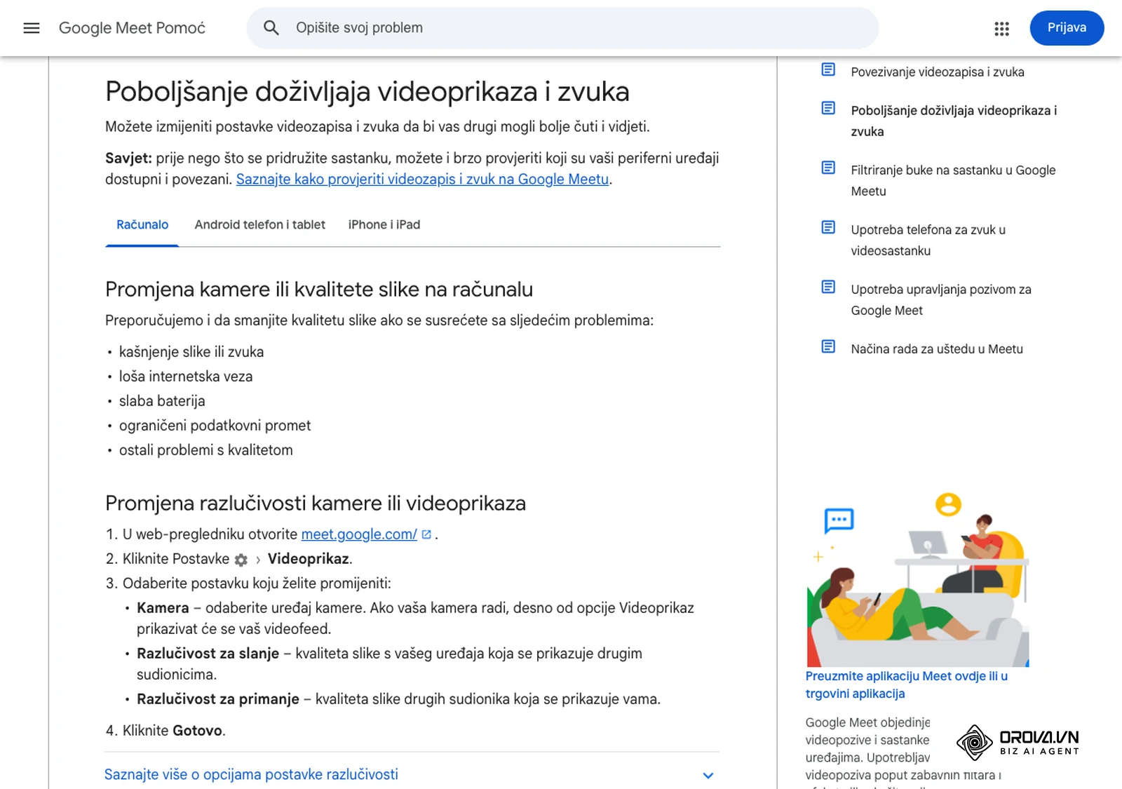 Stranica pomoći Google Meeta (hrvatski): poboljšanje kvalitete videa i zvuka prije i tijekom poziva