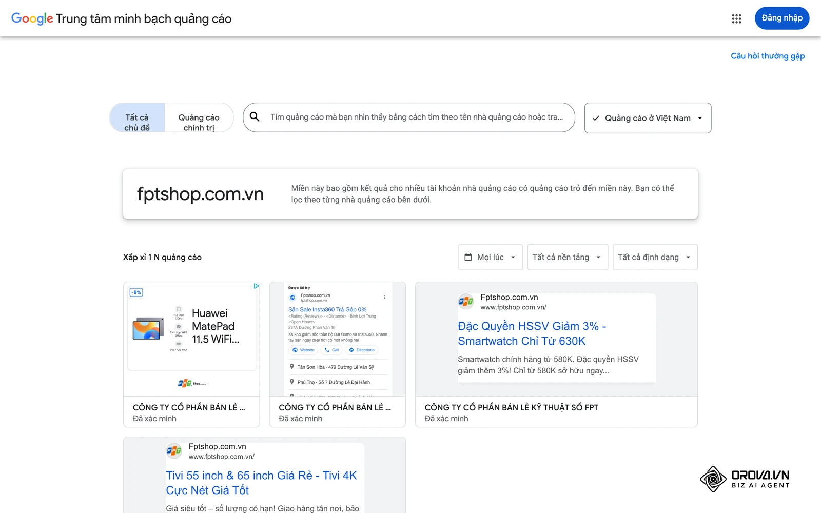 Trung tâm minh bạch quảng cáo của Google (khu vực Việt Nam): các mẫu quảng cáo thật của FPT Shop, gồm tiêu đề, mô tả và đường dẫn trang đích.