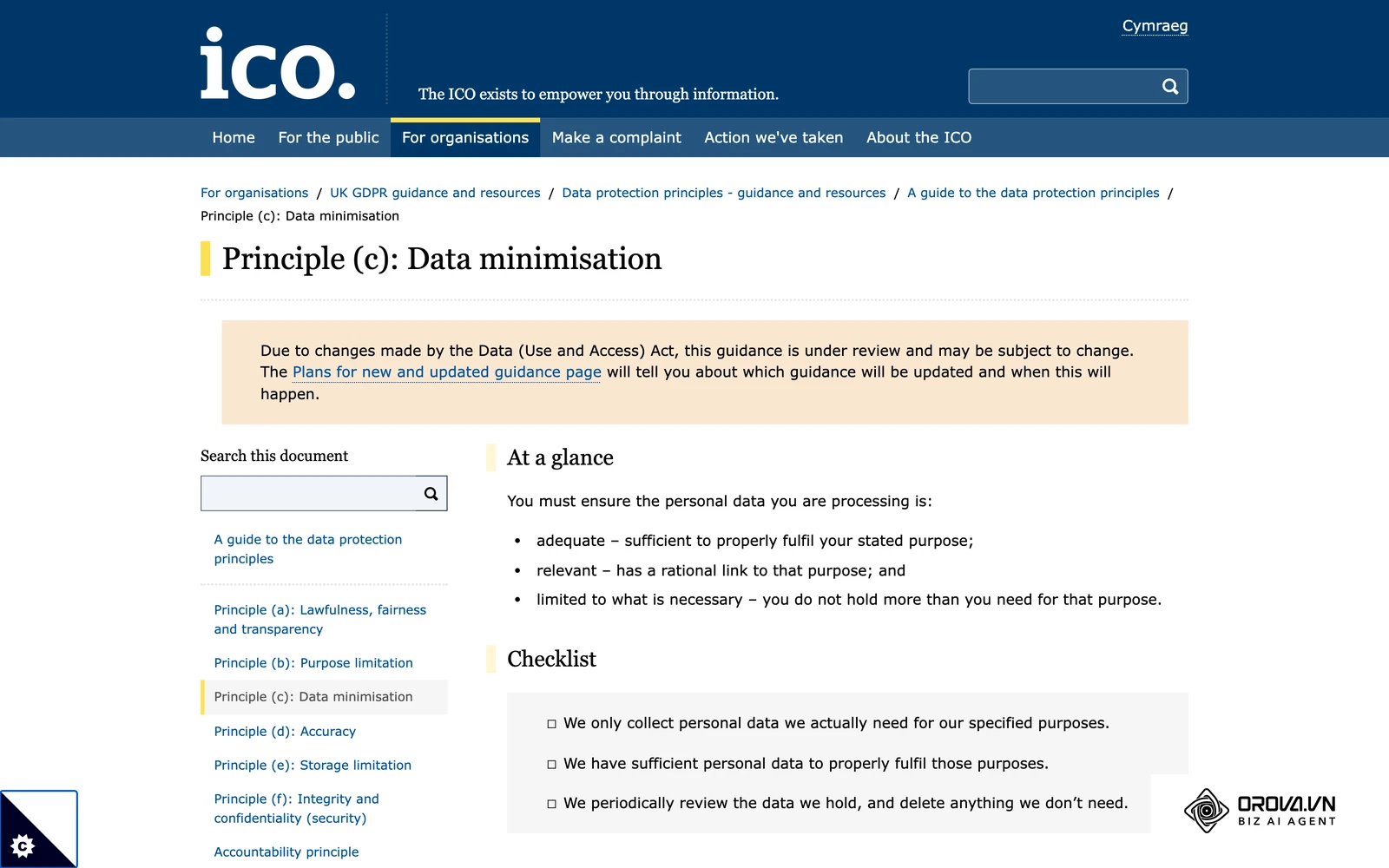 UK ICO guidance on the data minimisation principle, including the checklist item to periodically review the data you hold.