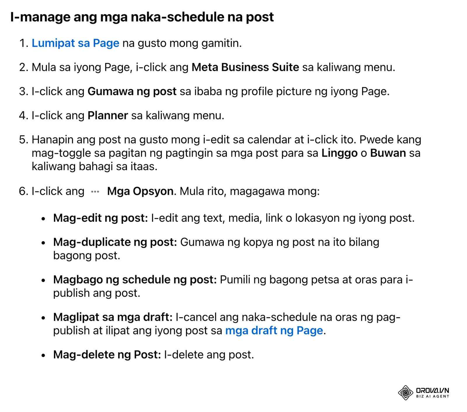 Facebook Help Center sa Filipino: paano i-manage ang naka-schedule na post sa Planner, kasama ang Mag-edit, Mag-duplicate, Magbago ng schedule, Maglipat sa mga draft at Mag-delete.