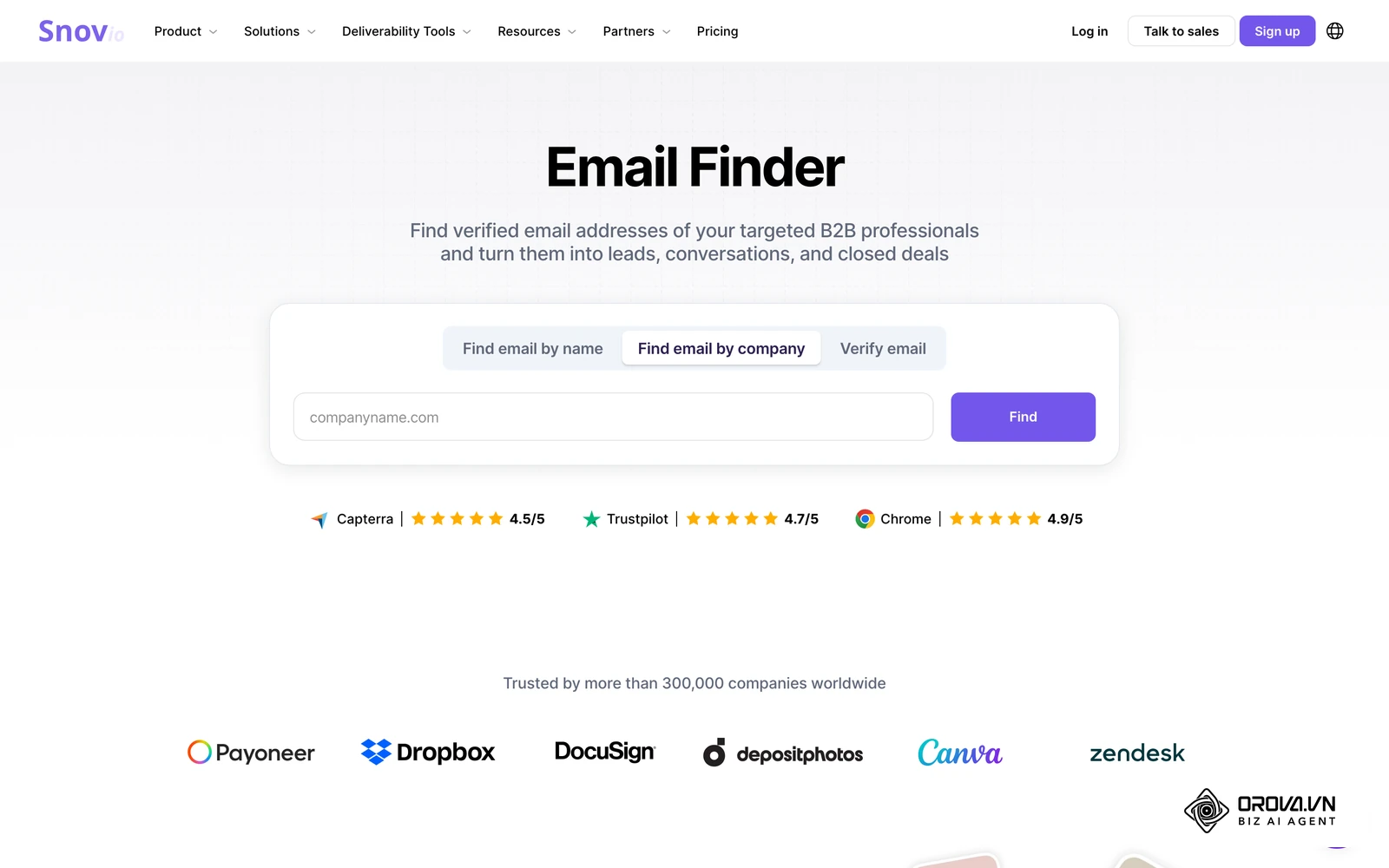 Snov.io's Email Finder page, another single-database tool that searches its own index by name, domain or company.