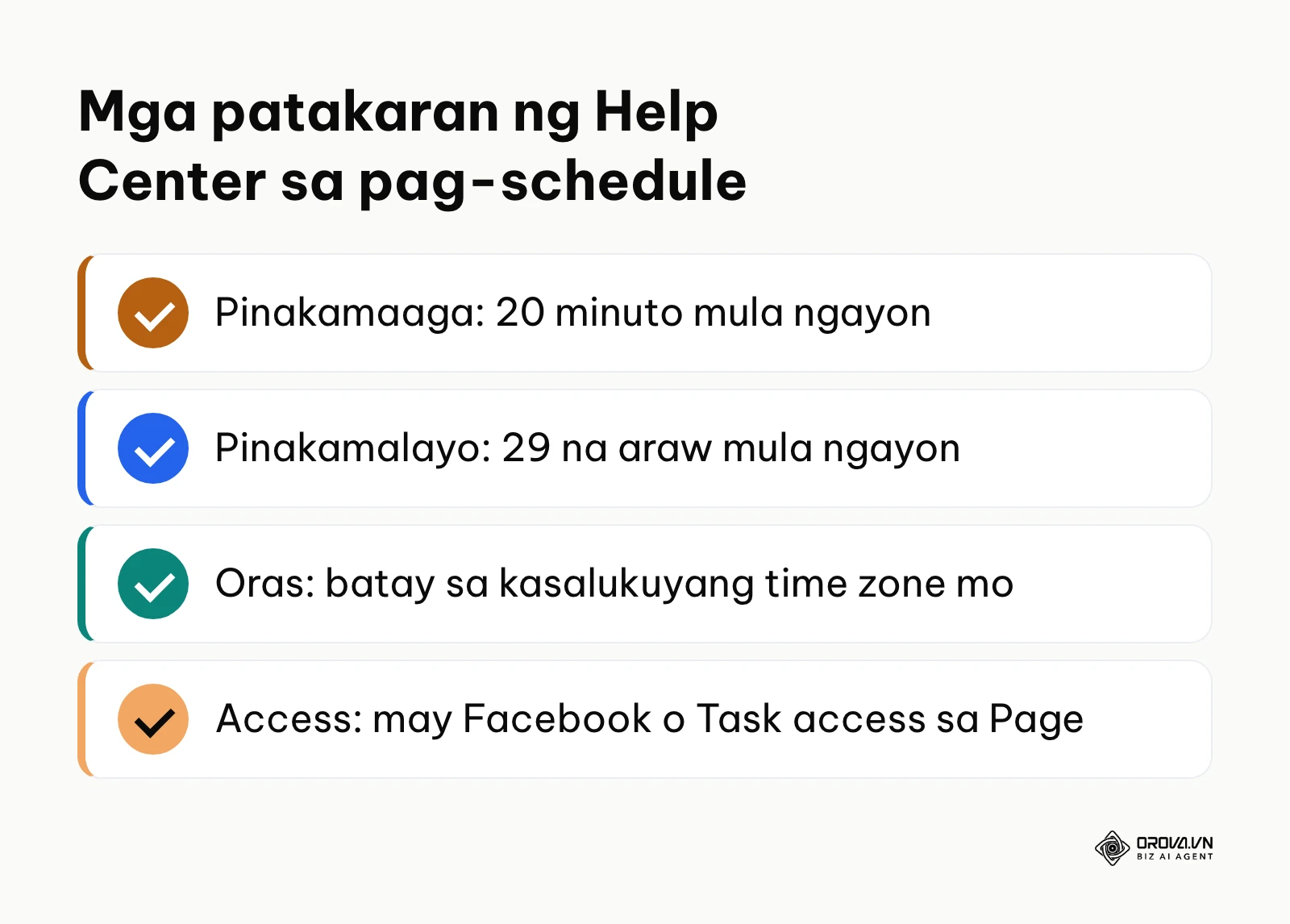 Buod ng apat na patakaran sa pag-schedule ng Facebook post ayon sa Help Center: saklaw ng oras, time zone at access.