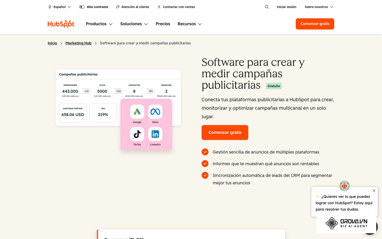 Página oficial de HubSpot que muestra la sincronización de contactos del CRM con audiencias publicitarias.