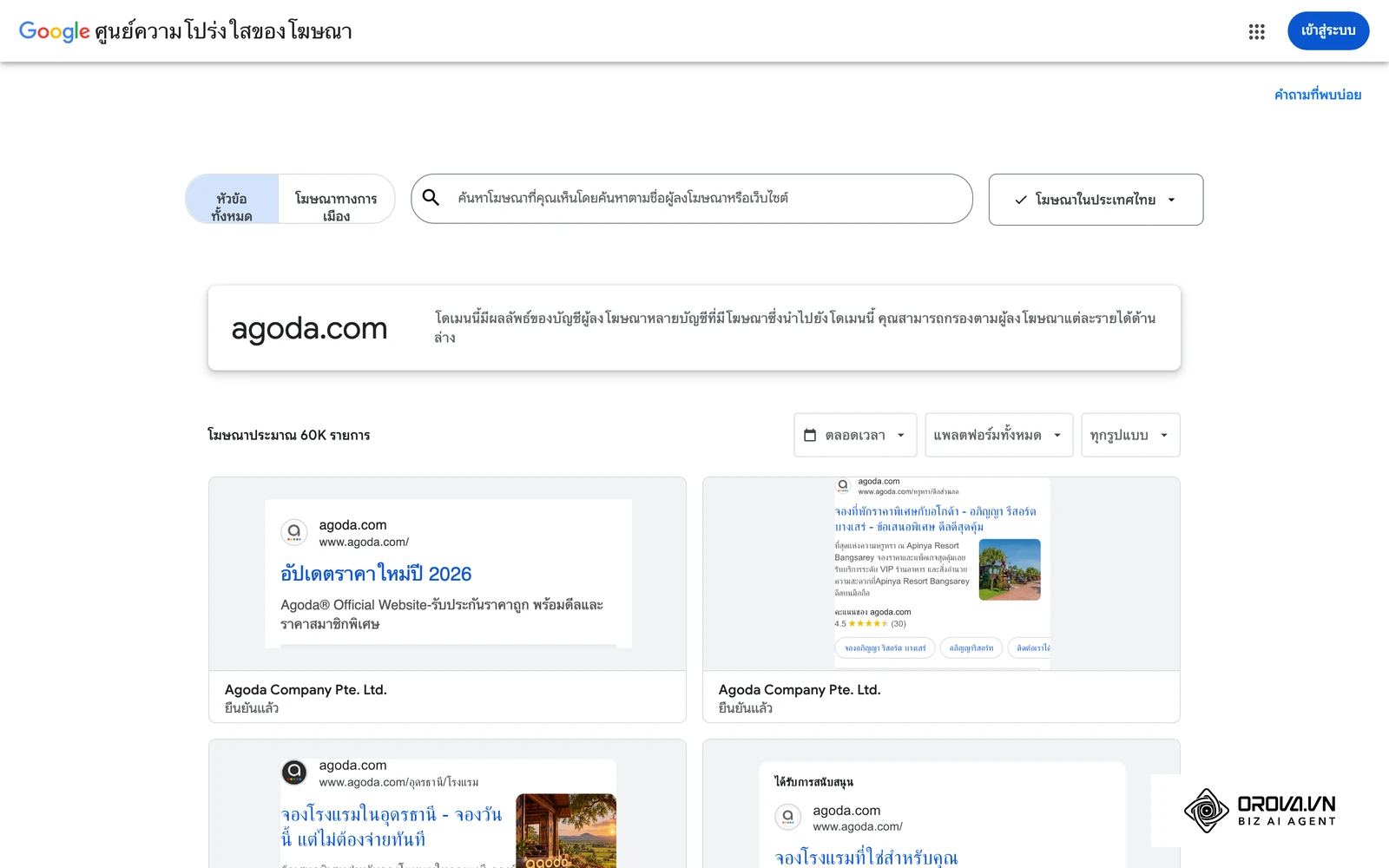 ชุดโฆษณา Google ที่กำลังแสดงในประเทศไทยของผู้ลงโฆษณารายใหญ่ จาก Ads Transparency Center ภูมิภาคไทย