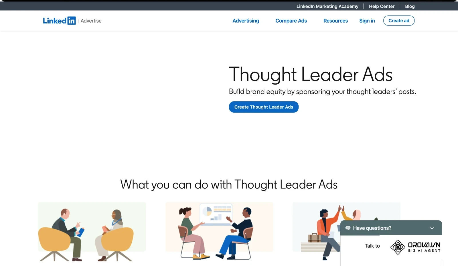 LinkedIn's official Thought Leader Ads page (archived copy) with examples of sponsored member posts in the feed.
