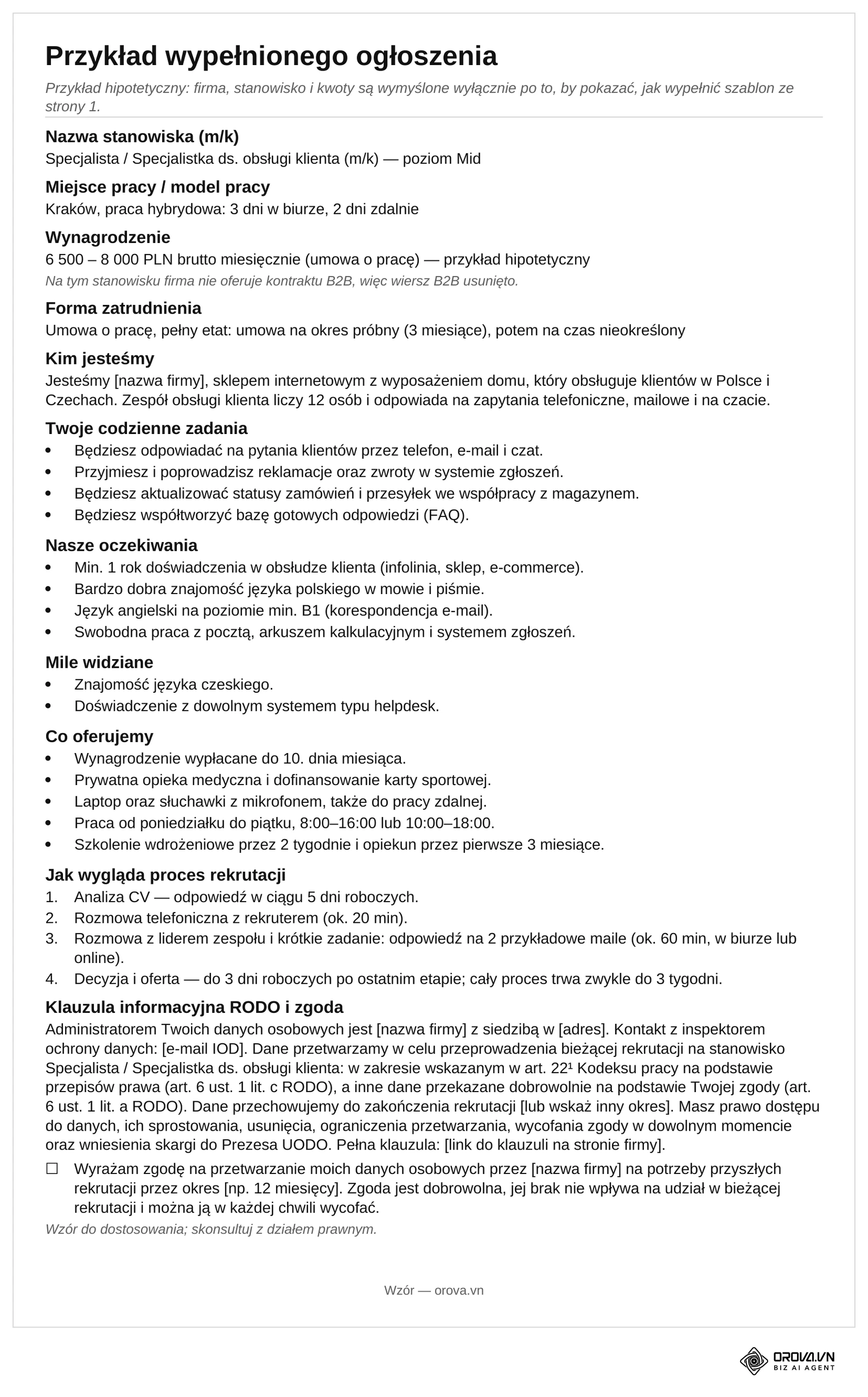 Strona 2 pliku Word do pobrania: wypełnione ogłoszenie na hipotetyczne stanowisko Specjalista / Specjalistka ds. obsługi klienta (m/k), z widełkami brutto, modelem hybrydowym, zadaniami, wymaganiami, etapami rekrutacji i klauzulą RODO.