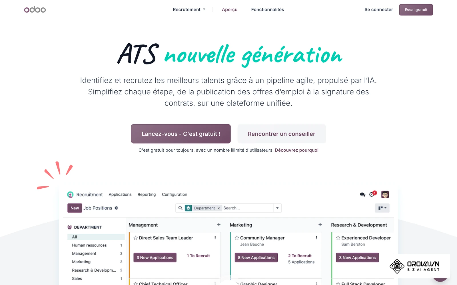 Pipeline de recrutement de l'application Odoo Recrutement (vue kanban par poste et par service) : c'est dans ce type d'ATS, ouvert au nom de l'entreprise cliente, que travaille le recruteur RPO.