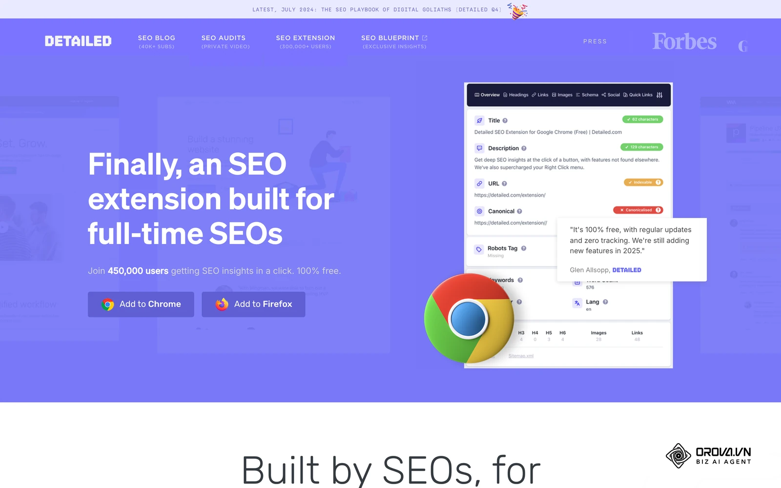 The free Detailed SEO extension shows a page's title tag, meta description and heading structure in one click.