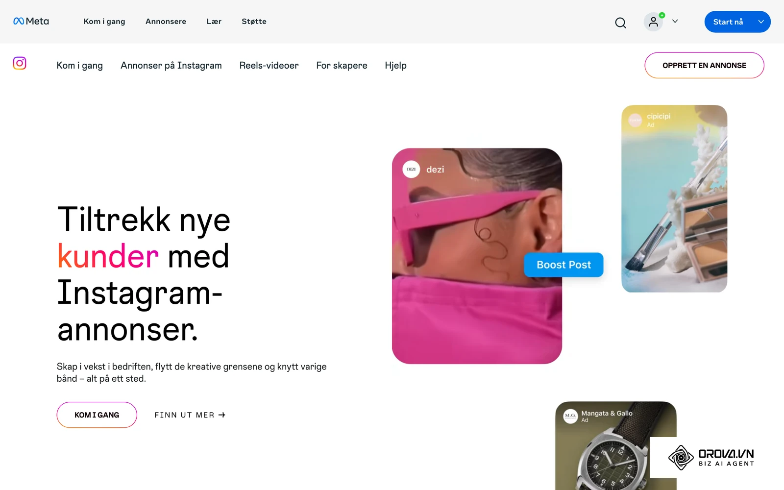 Metas offisielle side om Instagram for bedrifter, med formater som Reels, karuseller og enkeltbilder.