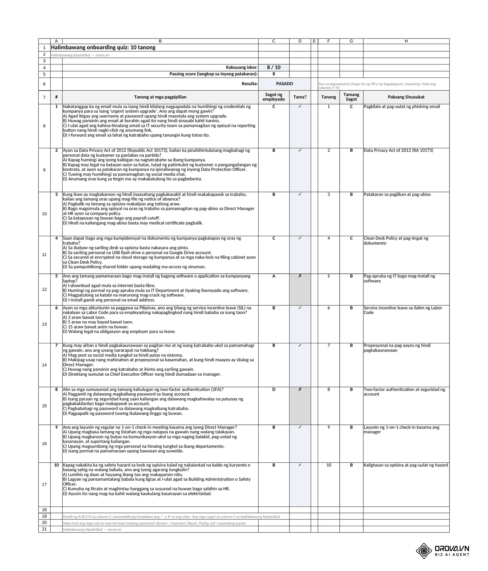 Ang sheet na Quiz: ang 10 tanong ng gabay, dropdown na A/B/C/D para sa sagot ng empleyado, awtomatikong ✓ o ✗ batay sa susi sa pagwawasto, kabuuang iskor at resulta ayon sa passing score na itinakda ninyo.