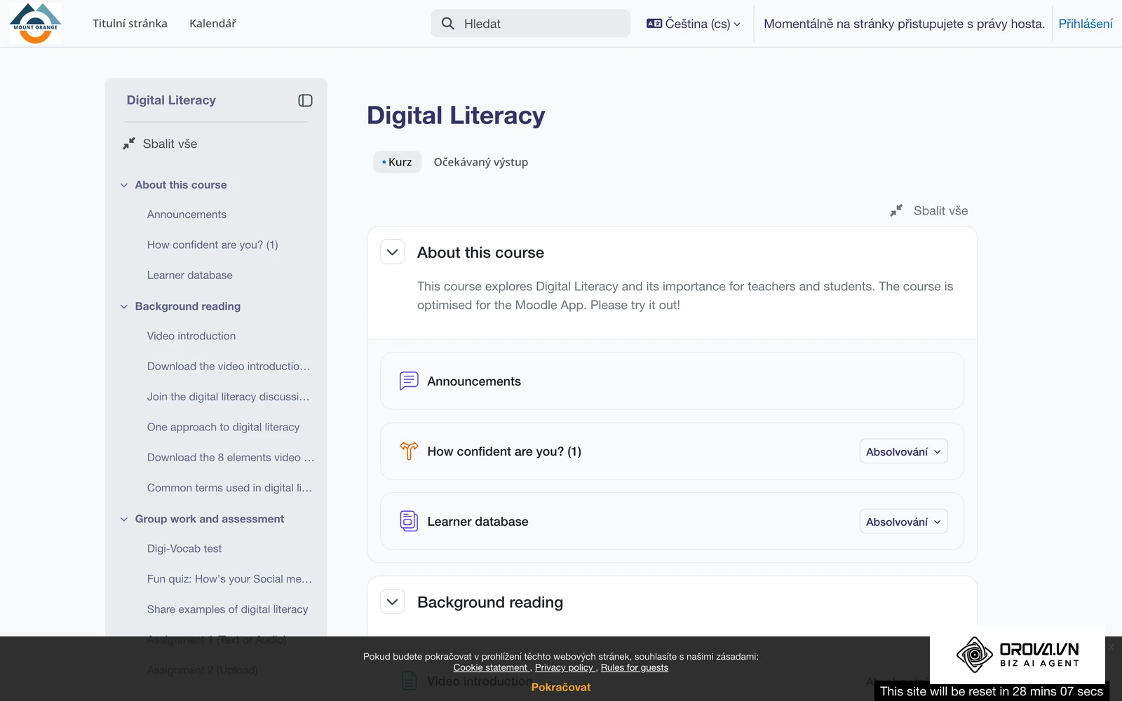 Stránka kurzu ve veřejné demoverzi Moodle (Mount Orange): obsah rozdělený do modulů s aktivitami a označováním dokončení, tedy kurz uvnitř LMS.
