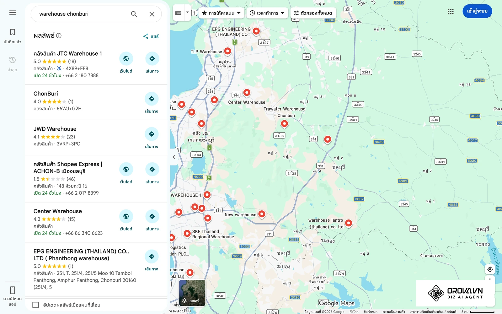 ผลค้นหาคลังสินค้าในชลบุรีบน Google Maps ตัวอย่างการใช้แพลตฟอร์มแผนที่ธุรกิจรวบรวมรายชื่อบริษัทตามพื้นที่