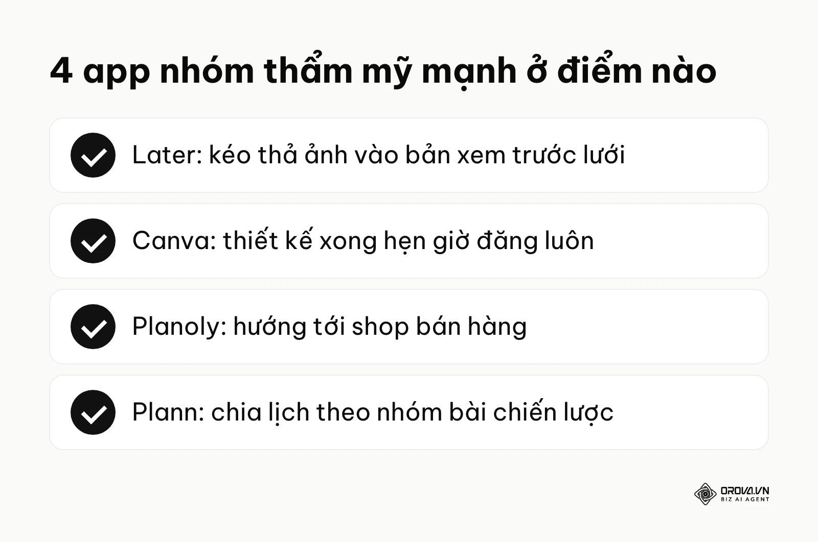 Tóm tắt điểm mạnh của Later, Canva, Planoly và Plann khi lên lịch đăng bài Instagram