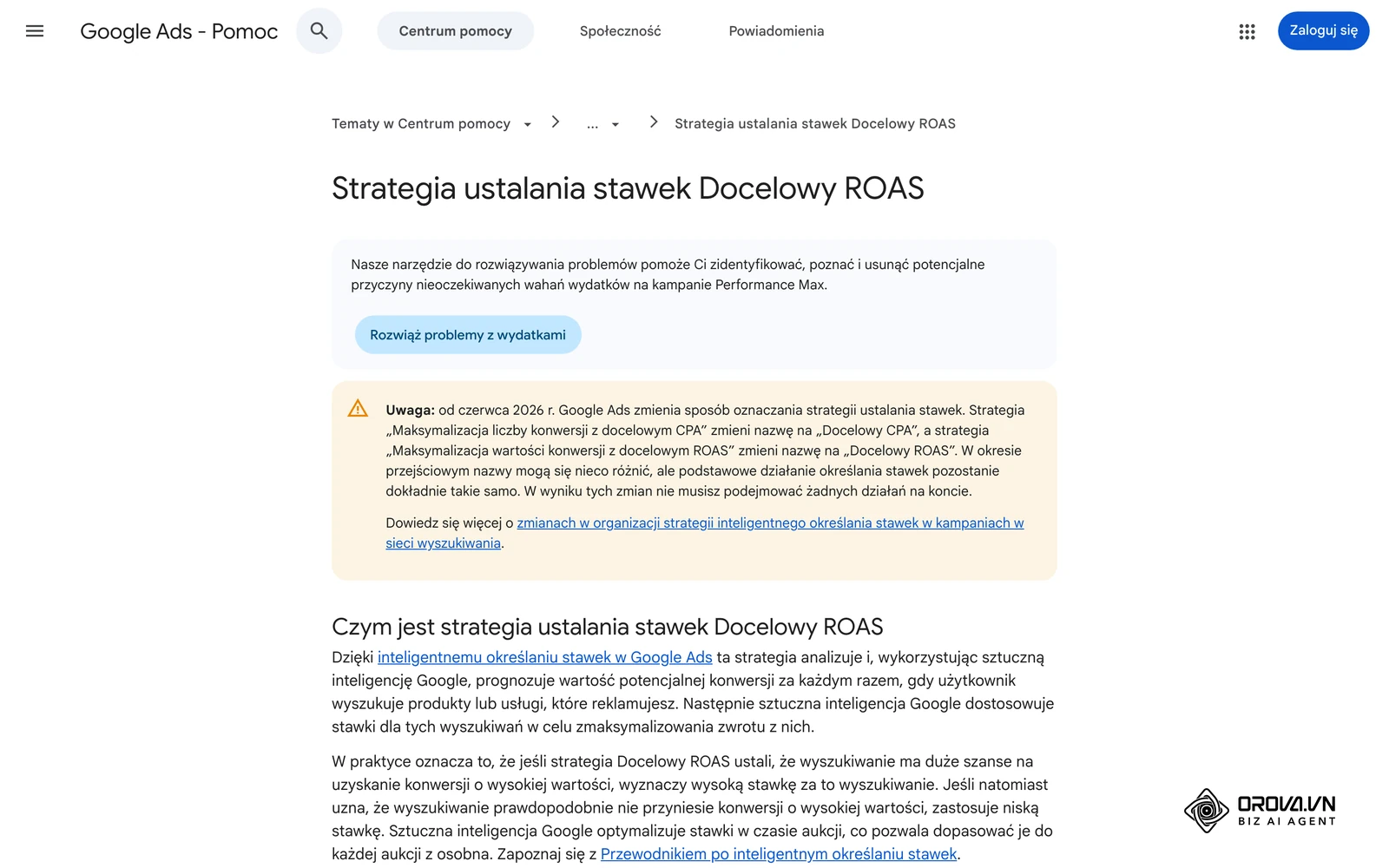 Centrum pomocy Google Ads (po polsku): strategia ustalania stawek Docelowy ROAS.