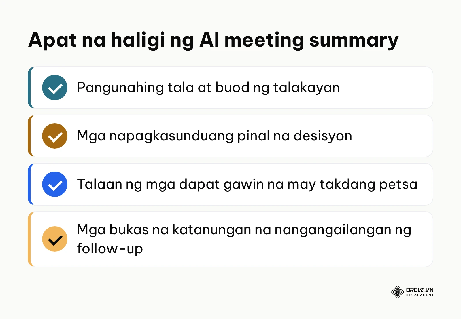 Listahan ng apat na pangunahing bahagi ng awtomatikong AI meeting summary.