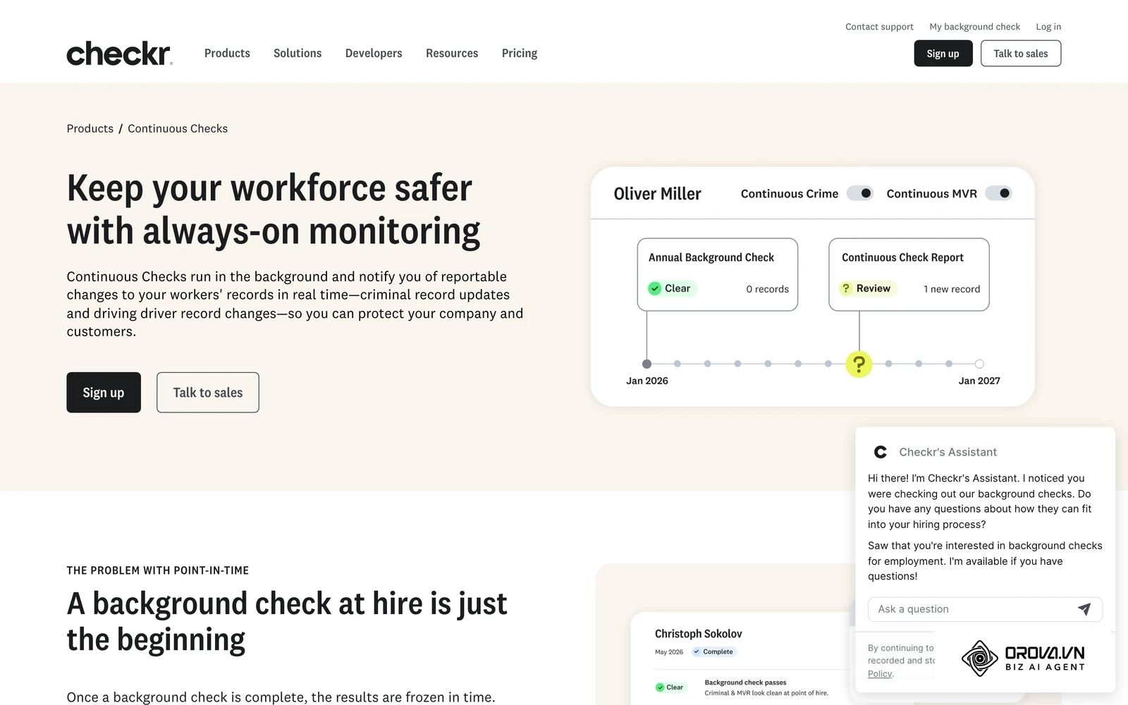 Checkr continuous checks interface: a completed pre-hire background check (clear) followed by a later continuous check flagged for review on a timeline.