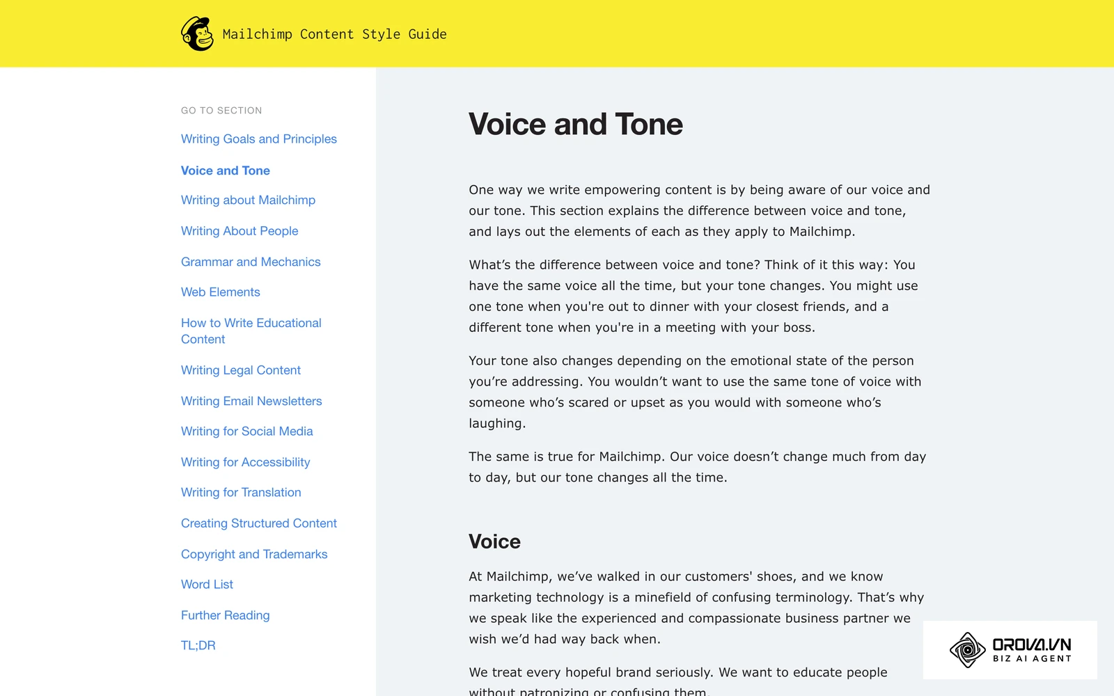 Mailchimp's public content style guide, voice and tone section.