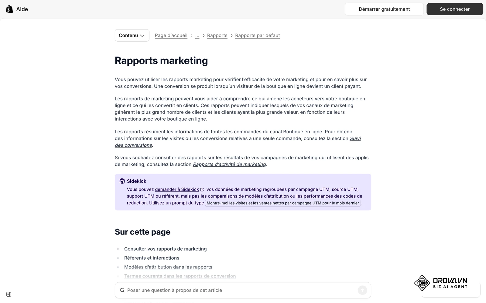 Centre d'aide Shopify sur les rapports marketing, point de départ pour extraire les ventes attribuées hors plateformes publicitaires.