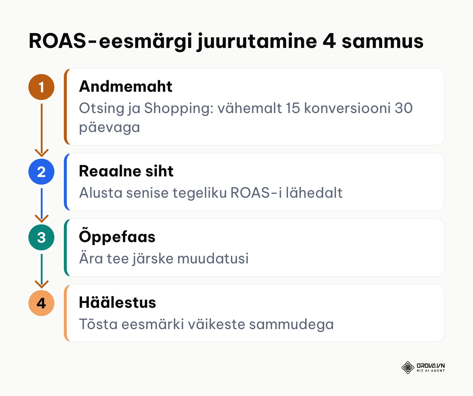 Target ROAS seadistamise ja optimeerimise protsessi skeem