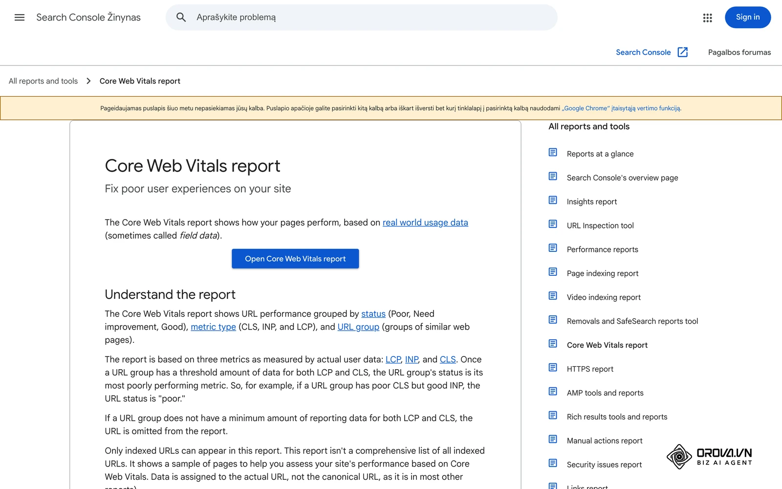 Search Console pagalbos centras: Core Web Vitals ataskaita – rodikliai LCP, INP, CLS ir būsenos Poor / Need improvement / Good.