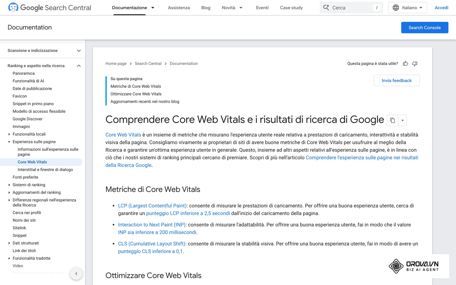 Pagina di Google Search Central sui Core Web Vitals: soglie ufficiali per LCP (2,5 secondi), INP (200 millisecondi) e CLS (0,1).