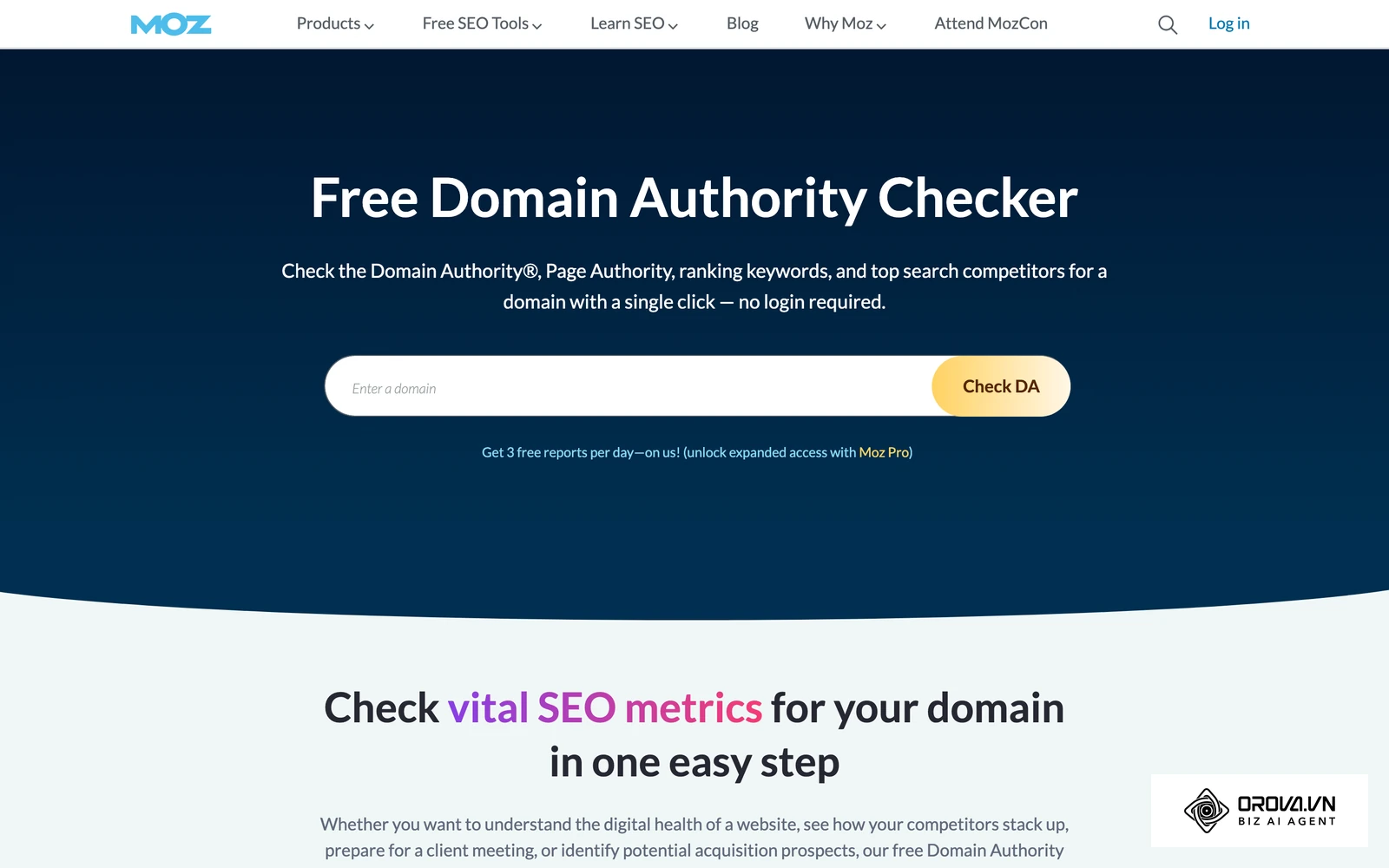 Trang phân tích tên miền của Moz, nơi xem nhanh chỉ số Domain Authority và nguồn liên kết của một website.