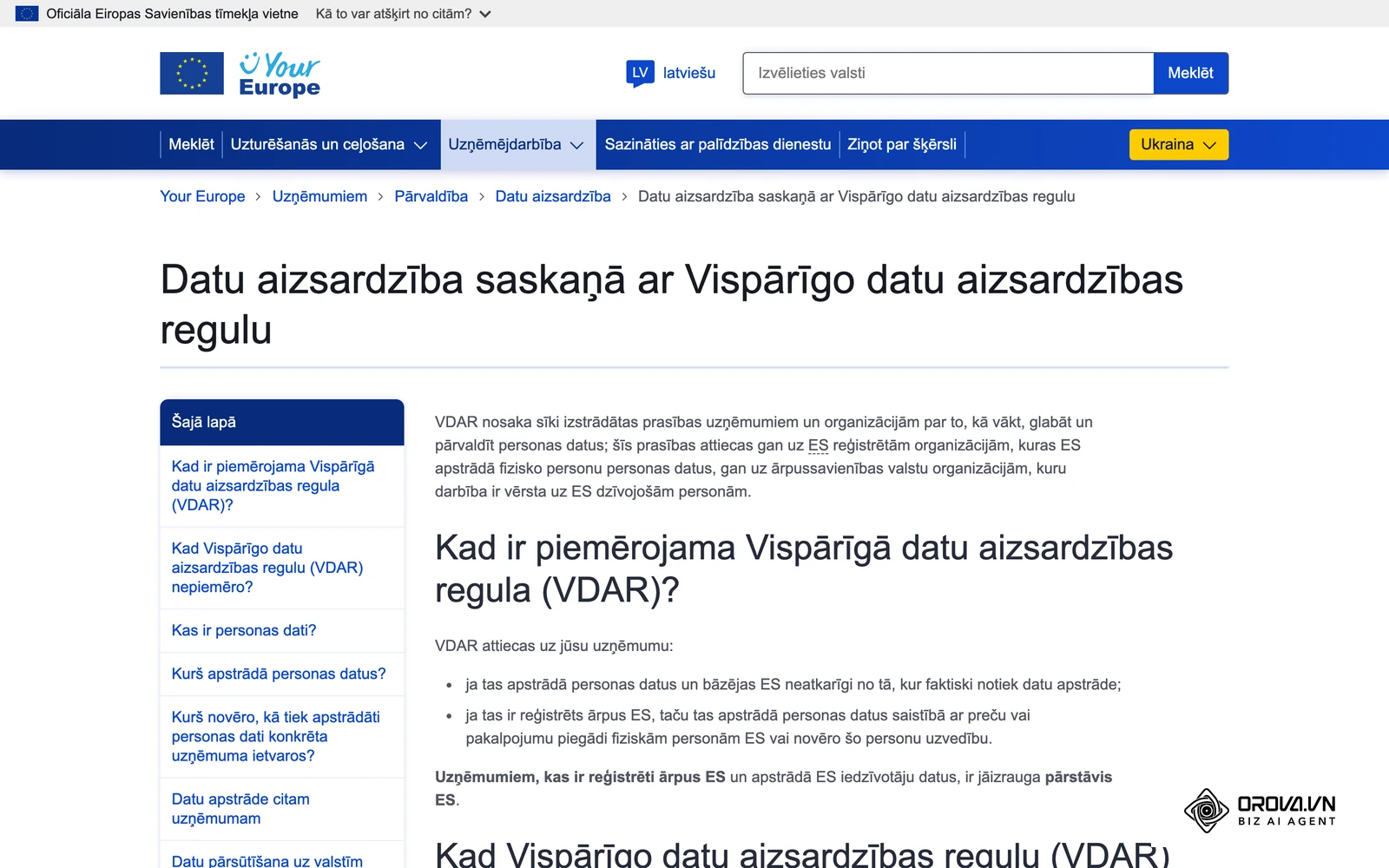 Oficiālā ES portāla „Your Europe” lapa latviešu valodā par personas datu aizsardzību uzņēmumiem saskaņā ar VDAR