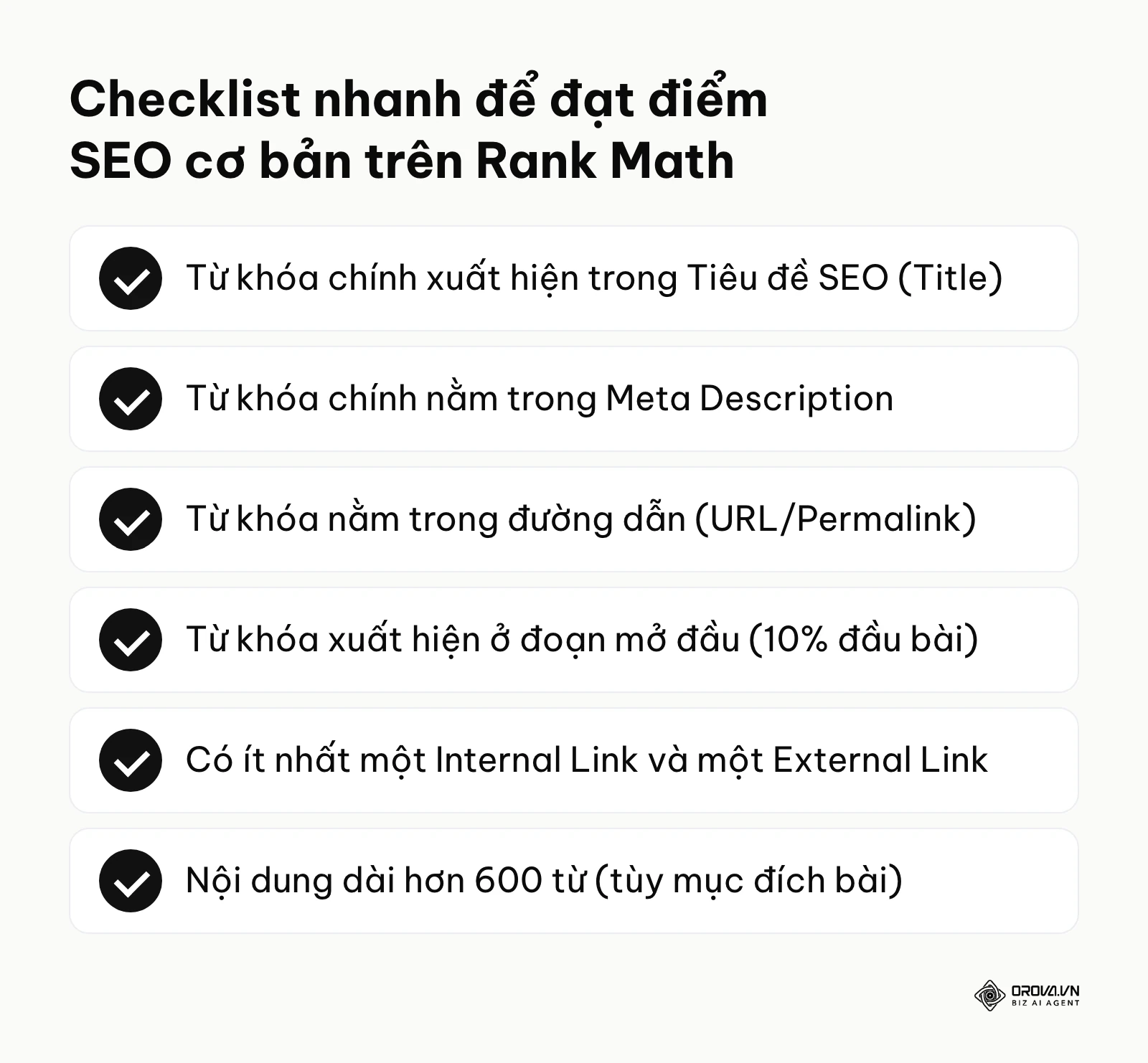 Bảng tóm tắt các tiêu chí cốt lõi để đạt điểm tối thiểu của Rank Math