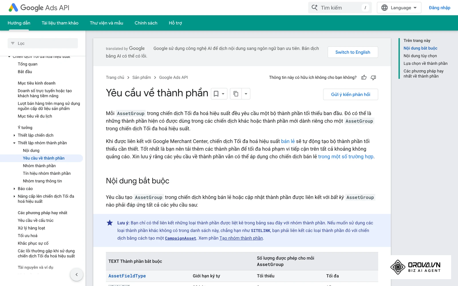 Tài liệu chính thức của Google về yêu cầu tài sản cho chiến dịch Performance Max.