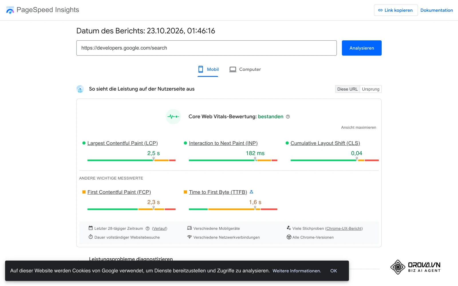 PageSpeed Insights von Google: Auswertung von Ladezeit und Core Web Vitals für eine einzelne URL