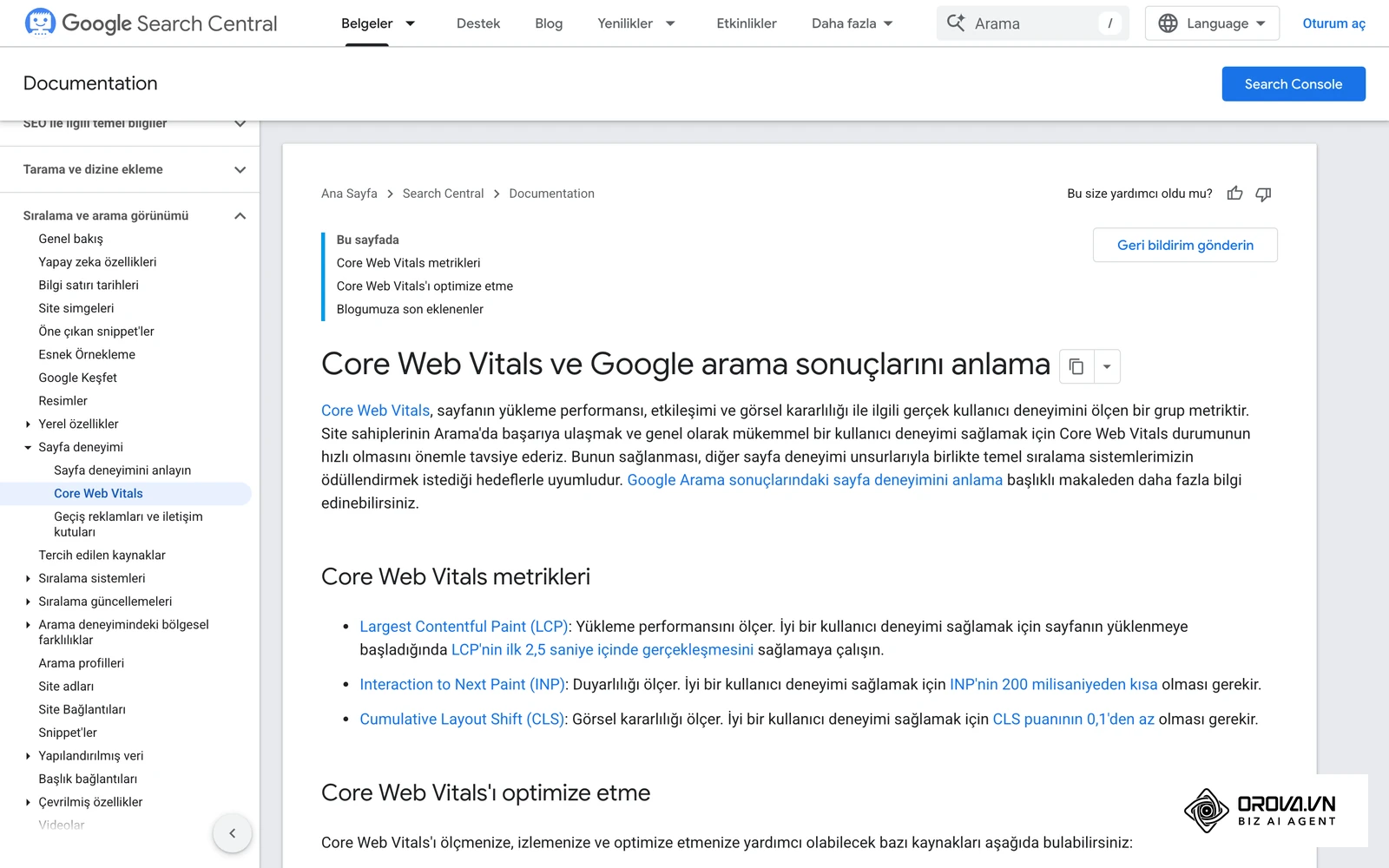 Google Arama Merkezi'nin Core Web Vitals belgesi: LCP, INP ve CLS için resmi hedefler.