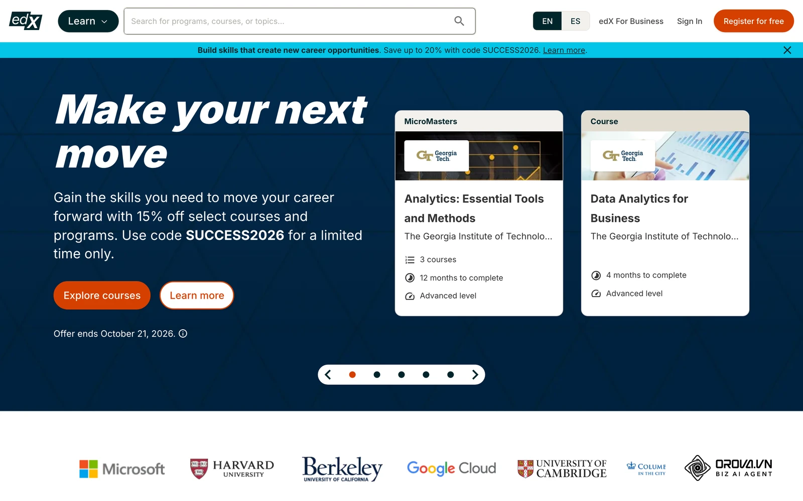 หน้าแรกของ edX แพลตฟอร์มคอร์สสาธารณะ (MOOC) ที่มีหลักสูตรพร้อมใบรับรองจากมหาวิทยาลัยและองค์กร