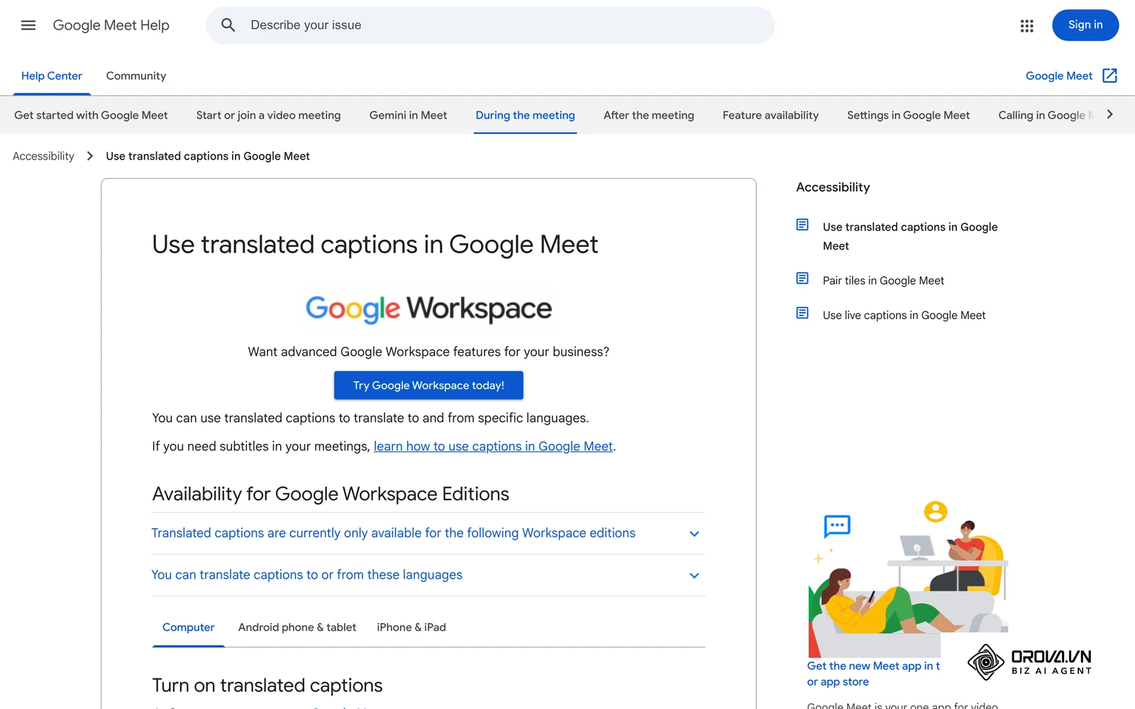 Google Meet's official help page on translated captions, which are available only on certain Google Workspace editions.