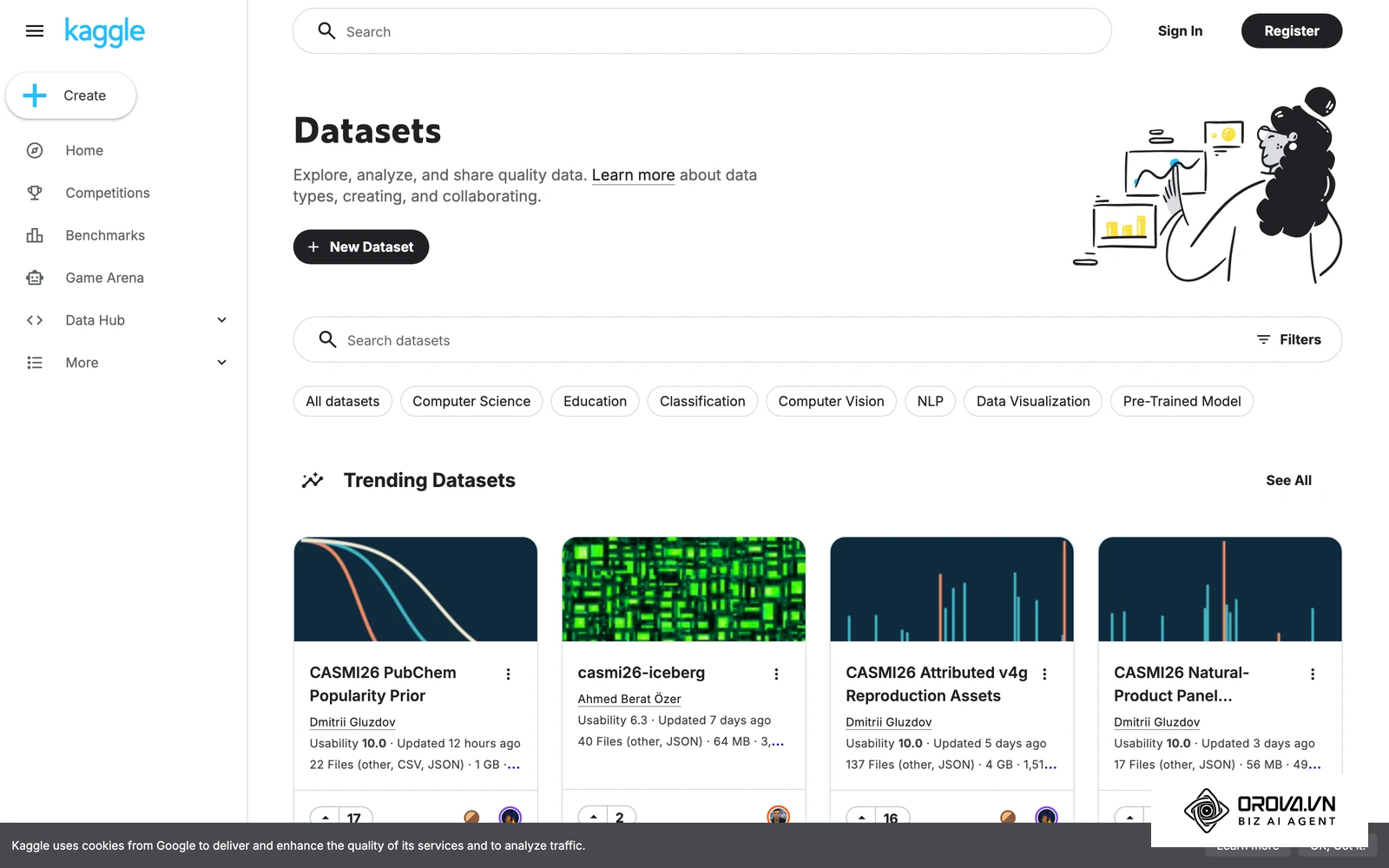 Kaggle là một kho dữ liệu mở; đọc kỹ giấy phép từng bộ dữ liệu trước khi dùng cho trang công khai.