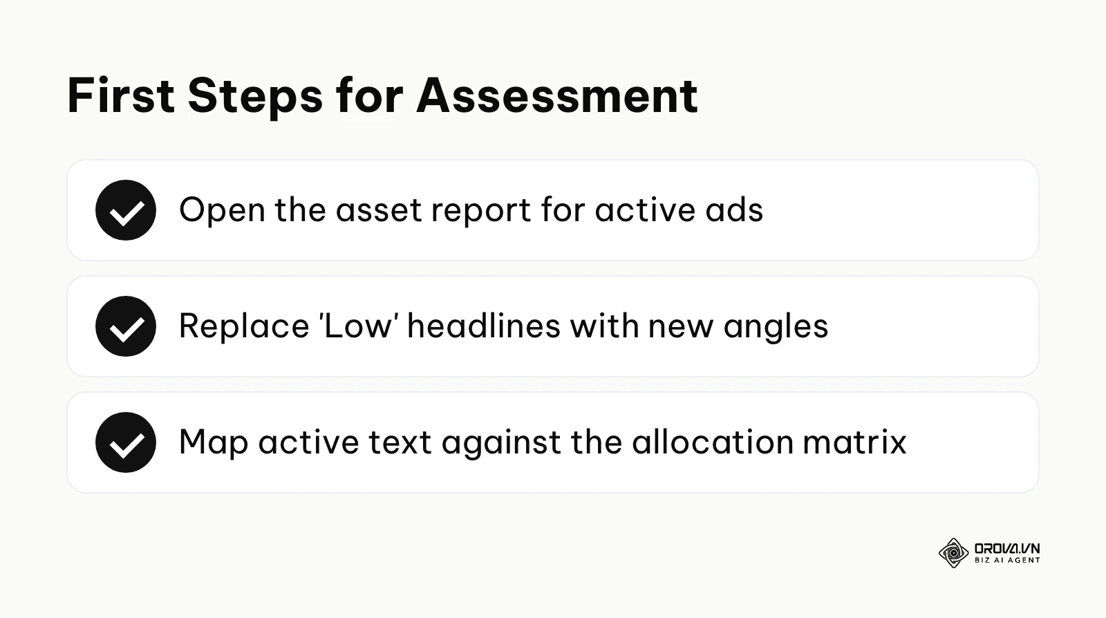 Checklist summarizing the first three steps to audit an existing ad account.