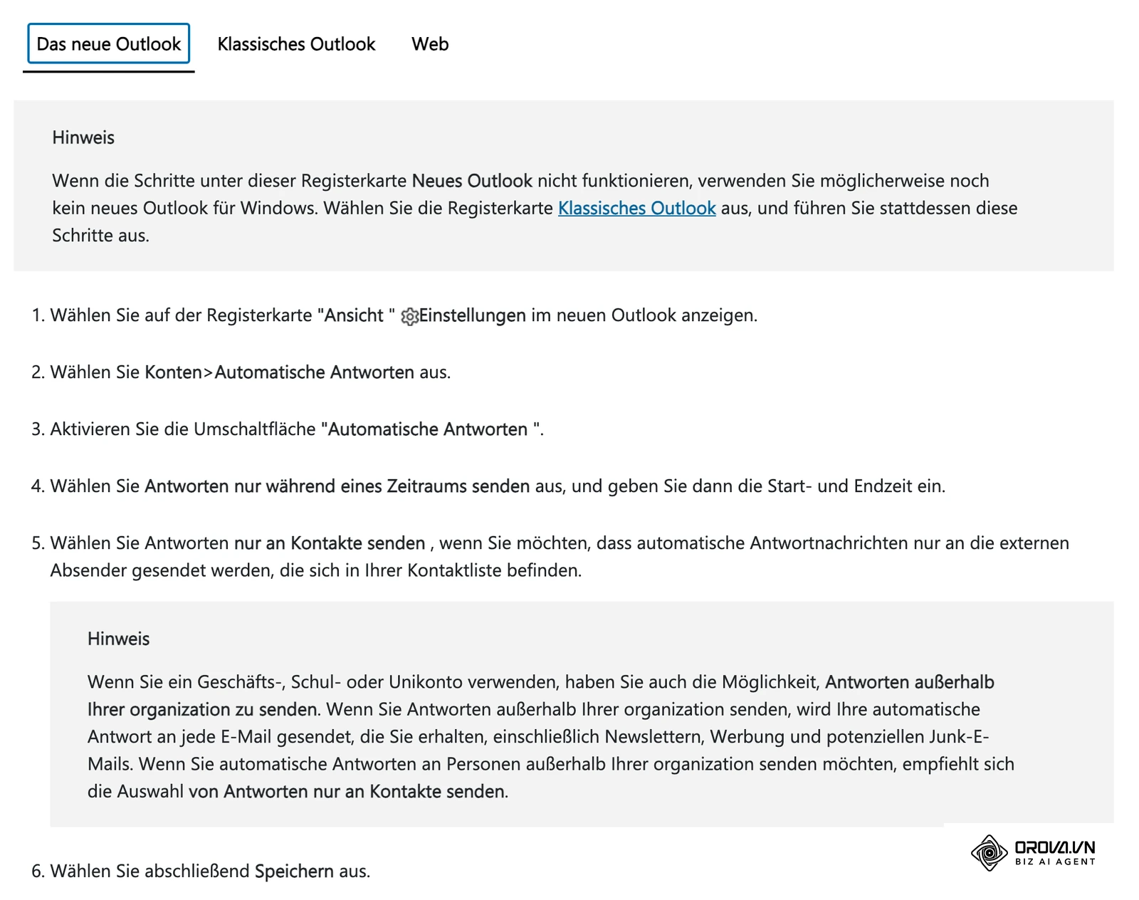 Deutsche Microsoft-Hilfe, Registerkarte Das neue Outlook: Ansicht, Einstellungen anzeigen, Konten, Automatische Antworten, Zeitraum und Speichern.