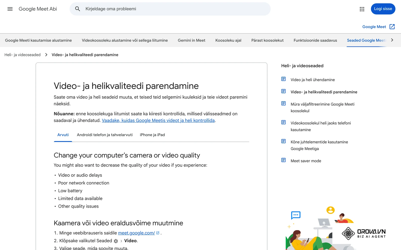 Google Meeti abileht video- ja helikvaliteedi parendamise kohta: mida kontrollida enne koosolekut (eestikeelne versioon).