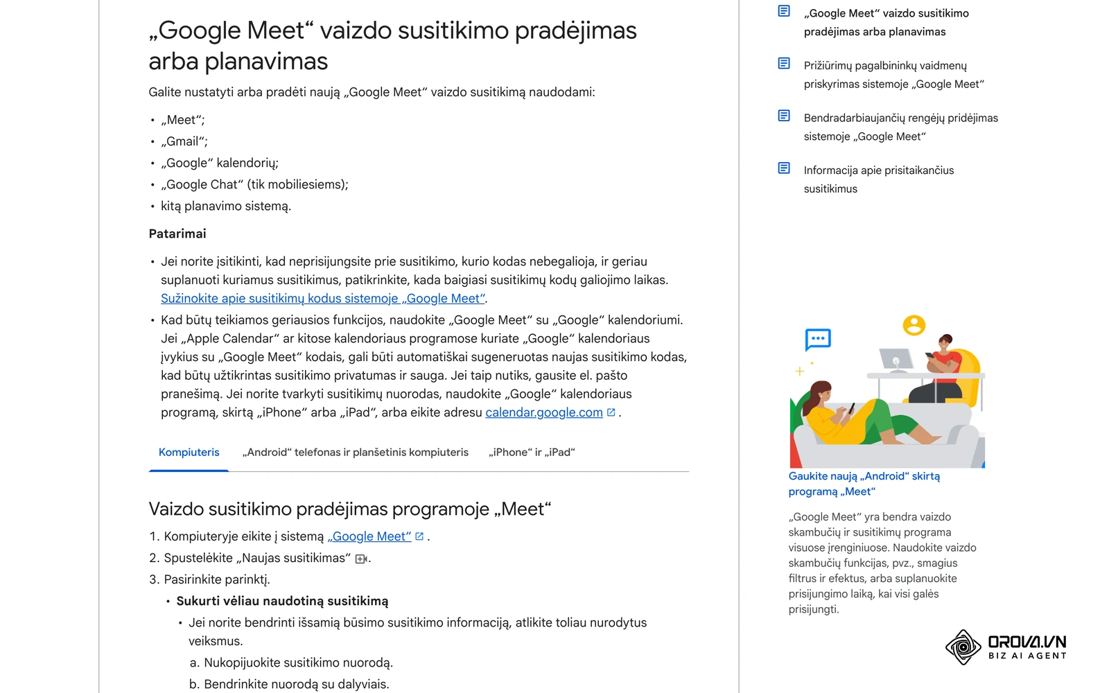 „Google Meet“ žinyno puslapis apie vaizdo susitikimo pradėjimą ir planavimą – nuo jo prasideda kiekvieno nuotolinio susitikimo organizavimas.