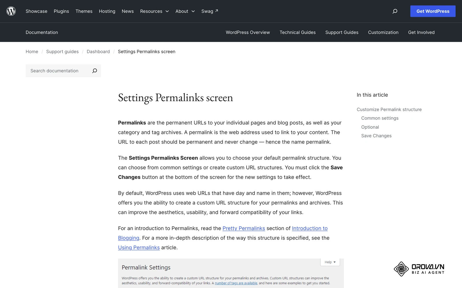 Dokumentacja WordPress ekranu ustawień bezpośrednich odnośników, w którym wybierasz strukturę adresów URL.