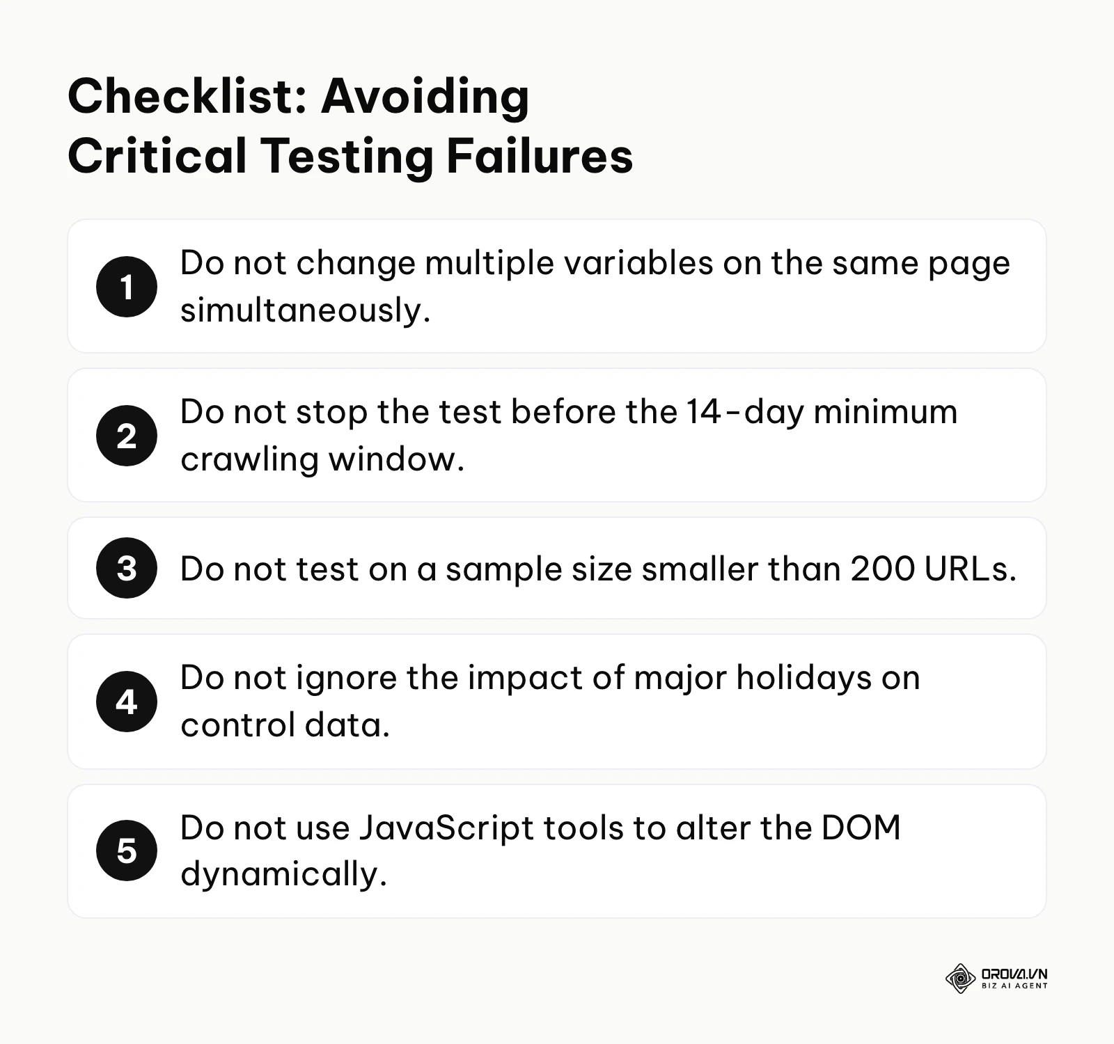 Numbered list of critical mistakes to avoid when conducting SEO split tests.