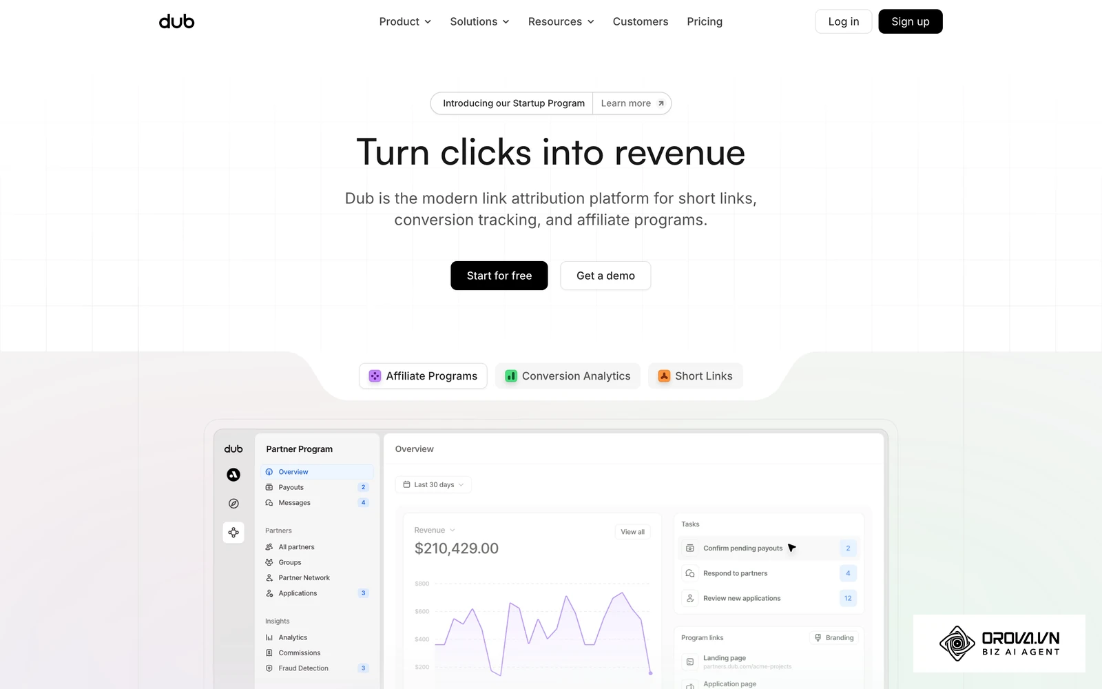 Web oficial de Dub.co con una vista de su panel de atribución de enlaces y conversiones.