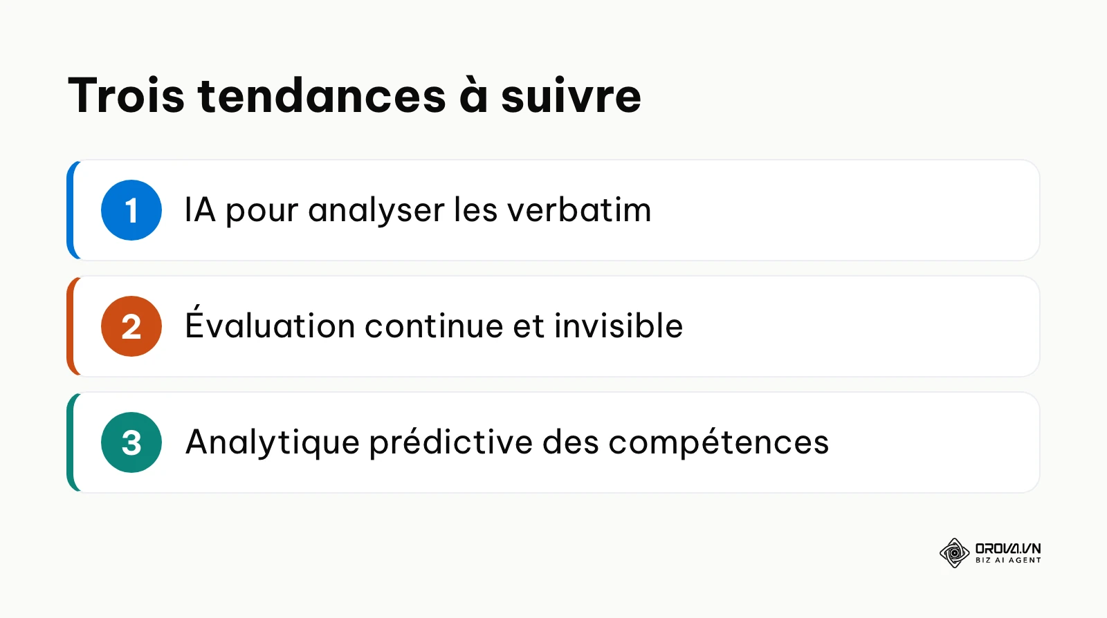 Les trois tendances de l'évaluation formation selon l'auteur : analyse des verbatim par l'IA, évaluation continue, analytique prédictive.